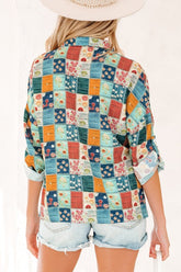 Women’s Floral Patchwork Collar V-Neck Long Sleeve Blouse | Zarnesh